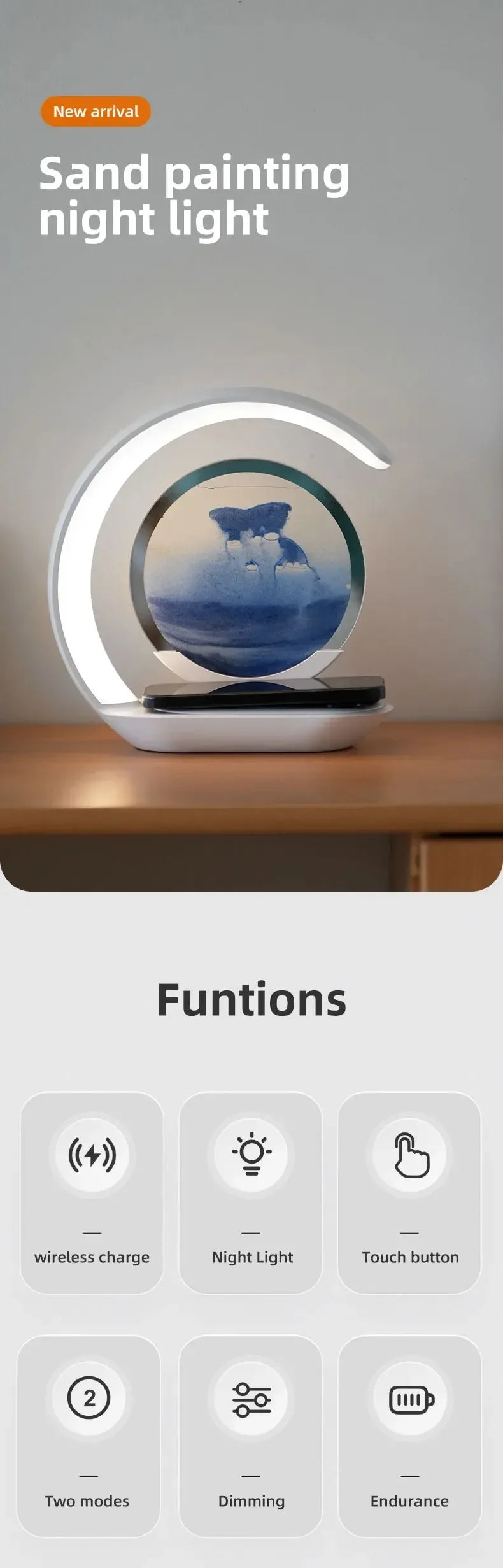 3D Flowing Sand Art Night Lamp Quicksand LED Light Mobile Wireless Charge Touch Control for Home Decor Bedside Sandscape Lamp