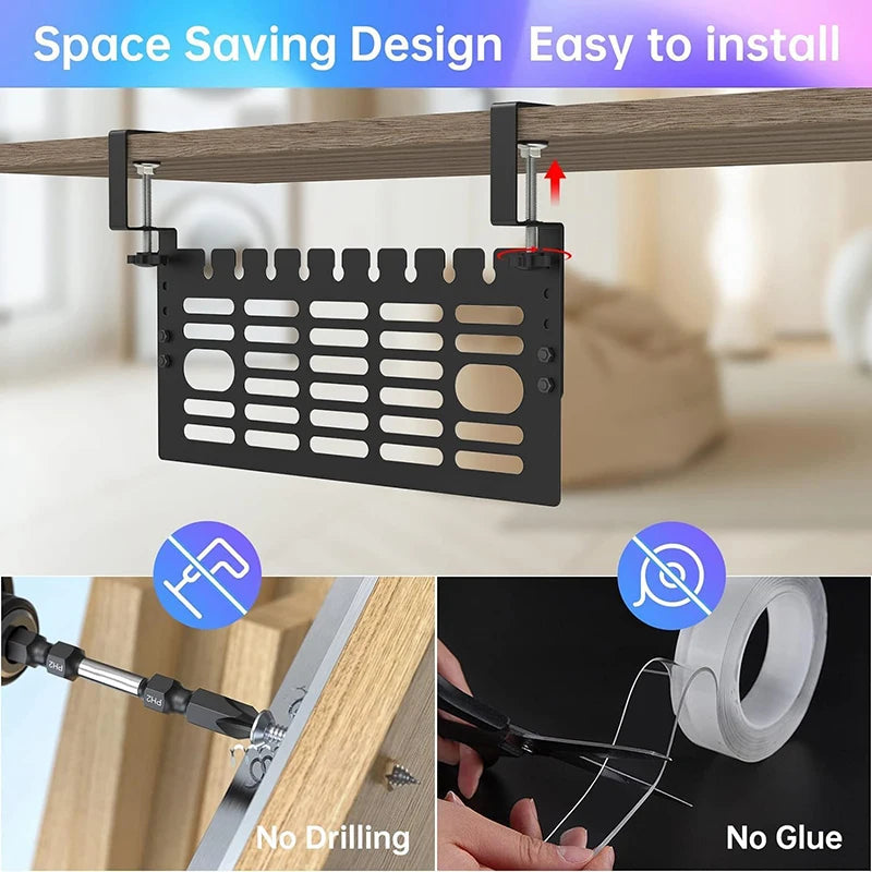 Cable Management Under Desk Wire Organizers Cord Management Pannel Design with Clamp Cable Clips for Desk Side Storage
