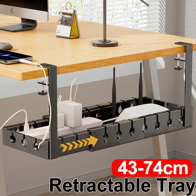 40/74cm Under Desk Cable Management Tray Home Office PC Computer Router Cables Wire Organizer Extendable Storage Metal Rack